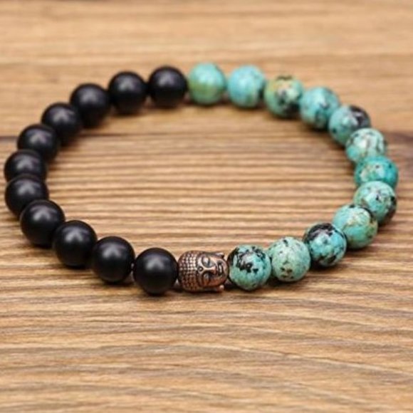 10mm African Turquoise Matte Black Onyx Buddha Head Stone Bead Stretch Bracelet - Picture 5 of 9
